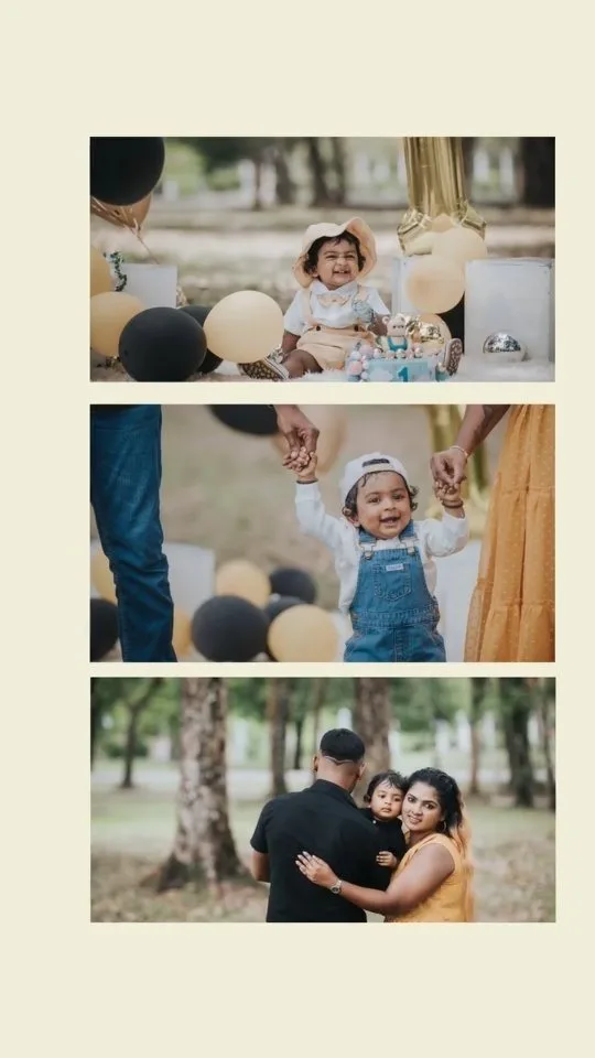 Collage from a baby's first birthday photoshoot with balloons and family moments