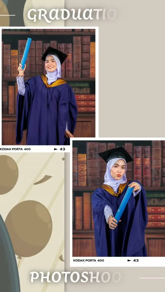 Graduate in a hijab and graduation gown posing with her scroll in front of a library backdrop